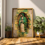 A textured religious artwork of Our Lady of Guadalupe depicted with hands in prayer, wearing a green star-covered mantle and surrounded by a radiant golden aura, set against a distressed abstract background with layered gold and earthy tones that enhance the sacred and iconic composition.