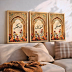 Set of 3 framed canvas triptych featuring Sabr, Shukr and Tawakkul Arabic calligraphy on ornate golden Islamic arches with vibrant floral bouquets in warm tones, displayed above a neutral sofa in a modern living room.