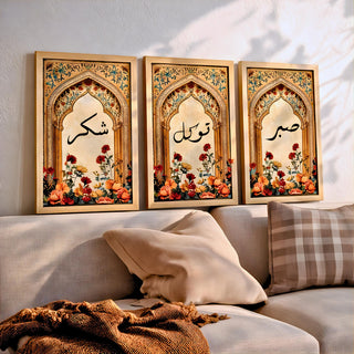 Set of 3 framed canvas triptych featuring Sabr, Shukr and Tawakkul Arabic calligraphy on ornate golden Islamic arches with vibrant floral bouquets in warm tones, displayed above a neutral sofa in a modern living room.