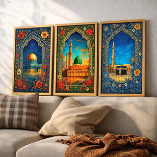 Set of 3 framed canvas triptych showing the Dome of the Rock, Al-Masjid An-Nabawi and Masjid Al-Haram inside ornate floral Islamic arches in rich blue and gold tones, displayed above a neutral sofa.