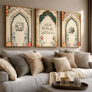 Set of 3 framed canvas triptych featuring Allah, a Quranic dua and Muhammad in Arabic calligraphy inside soft teal floral arches with roses and blossoms on a warm cream background, displayed above a neutral sofa.
