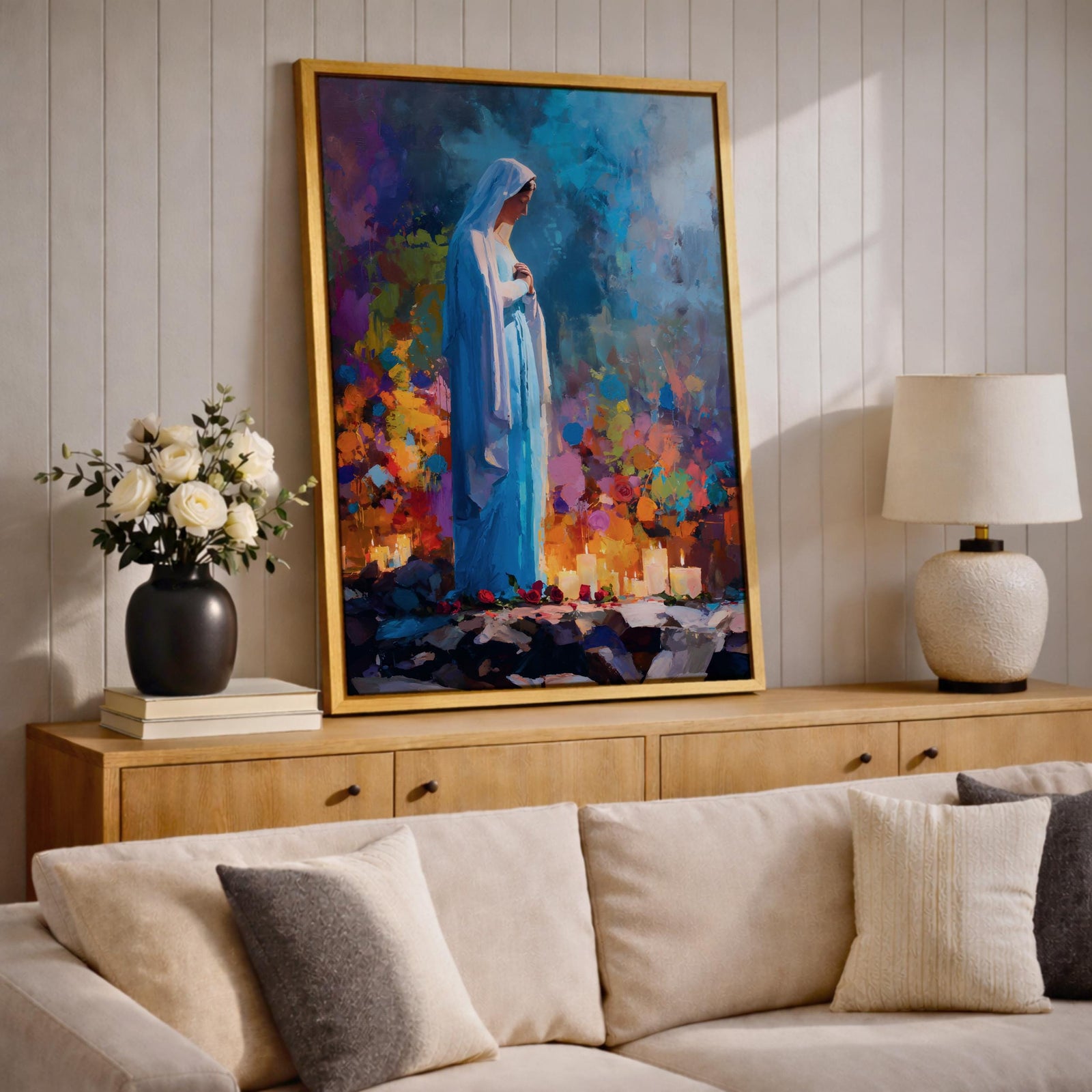 Our Lady of Lourdes Wall Art Marian Apparition Framed Canvas Colorful Candlelit Catholic Decor
