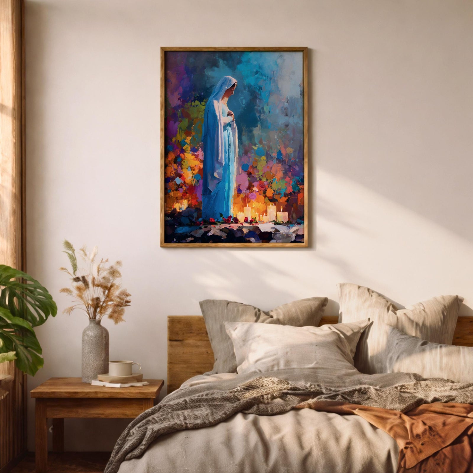 Our Lady of Lourdes Wall Art Marian Apparition Framed Canvas Colorful Candlelit Catholic Decor
