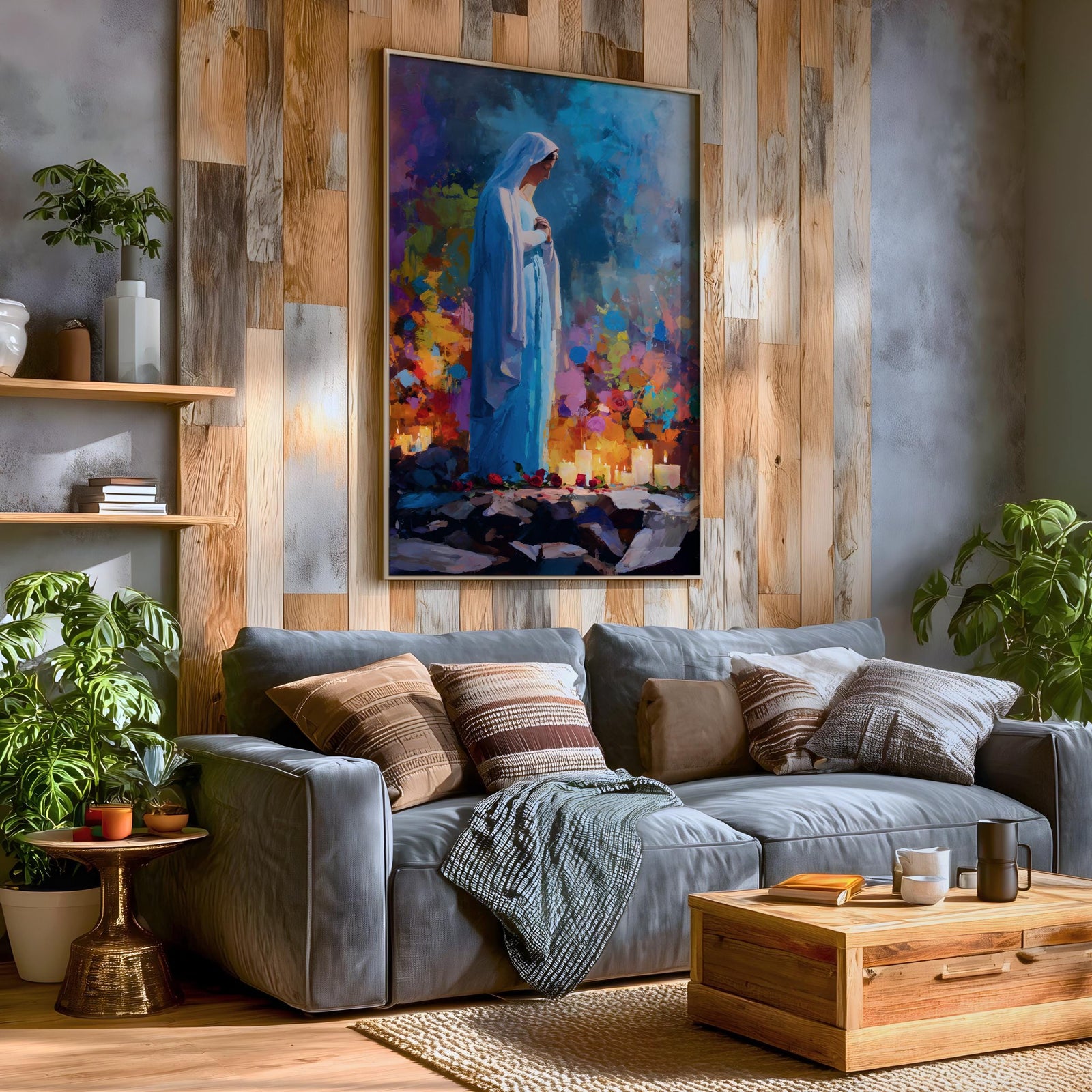 Our Lady of Lourdes Wall Art Marian Apparition Framed Canvas Colorful Candlelit Catholic Decor