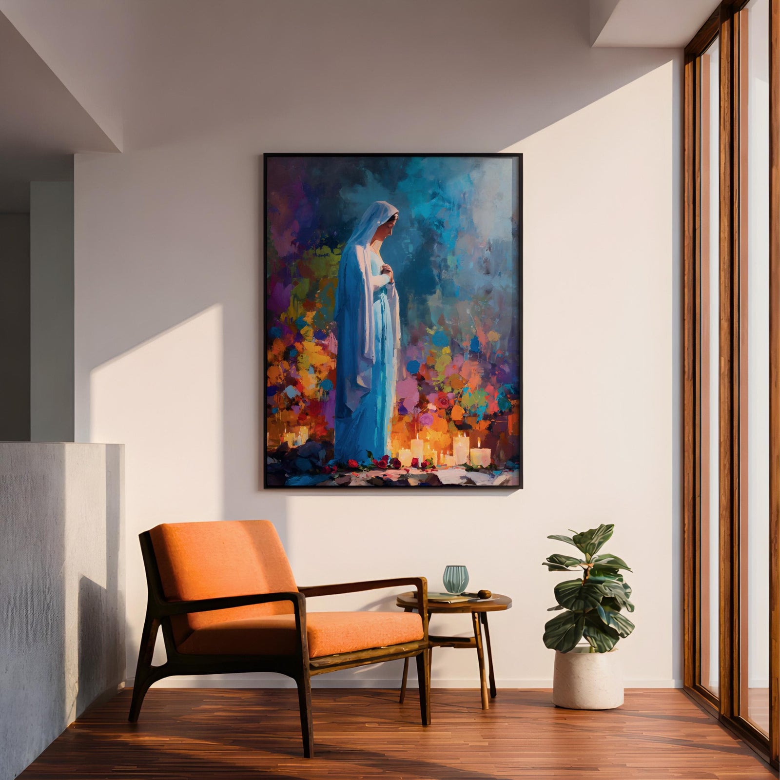 Our Lady of Lourdes Wall Art Marian Apparition Framed Canvas Colorful Candlelit Catholic Decor