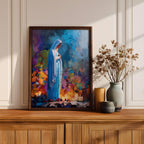 Our Lady of Lourdes Wall Art Marian Apparition Framed Canvas Colorful Candlelit Catholic Decor