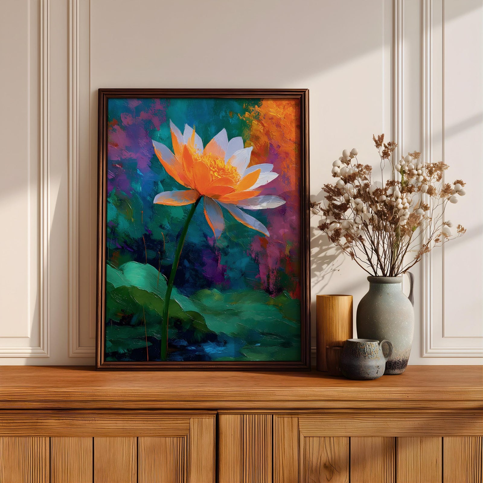 Lotus Flower Wall Art Water Lily Framed Canvas Pond Botanical Serenity Zen Spa Decor