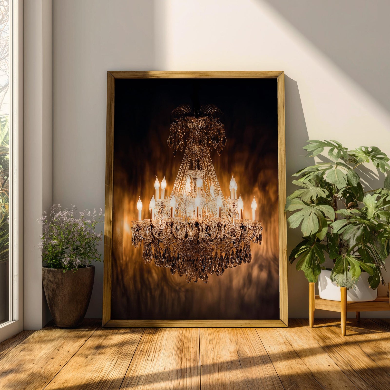 Chandelier Wall Art Crystal Lighting Framed Canvas Luxury Gold Elegant Classic Statement Wall Decor