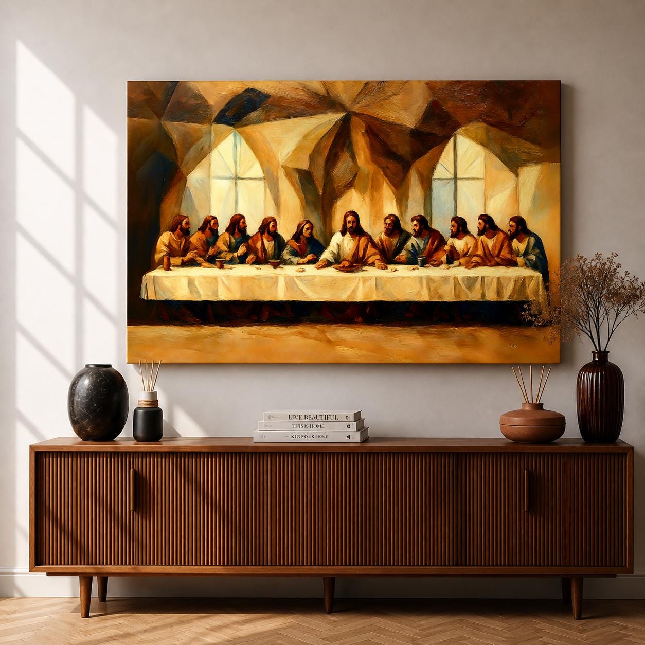 A framed oil painting print depicting the Last Supper scene with Jesus Christ and his twelve apostles seated at a long table inside an arched room. The artwork features warm tones and a classical style with detailed figures and a softly illuminated background showing two large windows.