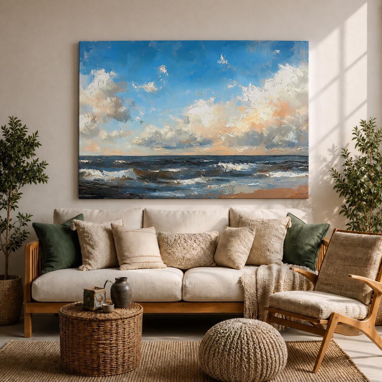 This artwork depicts ocean waves crashing onto a sandy beach under a partly cloudy sky, rendered in an impasto style with thick textured brushstrokes that emphasize the movement of the sea and clouds, capturing a dynamic coastal landscape scene.