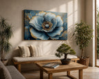 A detailed close-up of a blue poppy flower with delicate petals and golden stamens, rendered in a realistic style with soft shading and fine texture, emphasizing the floral subject in a naturalistic composition.