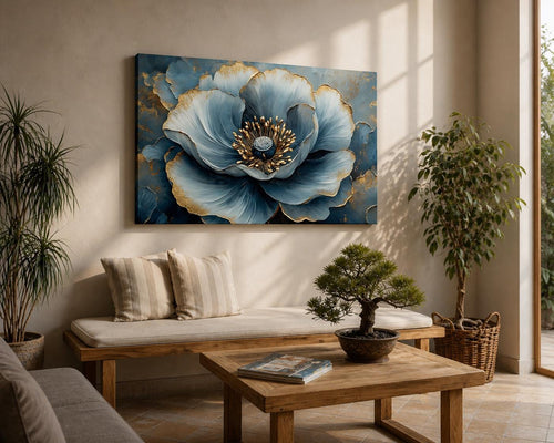 A detailed close-up of a blue poppy flower with delicate petals and golden stamens, rendered in a realistic style with soft shading and fine texture, emphasizing the floral subject in a naturalistic composition.