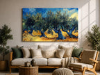 This impasto style painting depicts a vibrant olive grove with thick textured brushstrokes emphasizing twisted olive trees under a dynamic sky. The Mediterranean landscape captures natural forms with expressive color contrasts and bold strokes, focusing on the rustic charm of the countryside scene.