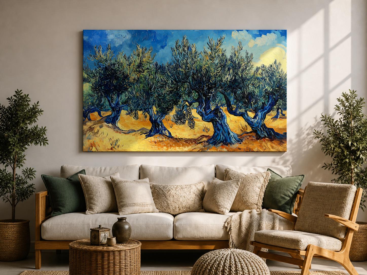 This impasto style painting depicts a vibrant olive grove with thick textured brushstrokes emphasizing twisted olive trees under a dynamic sky. The Mediterranean landscape captures natural forms with expressive color contrasts and bold strokes, focusing on the rustic charm of the countryside scene.
