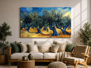 This impasto style painting depicts a vibrant olive grove with thick textured brushstrokes emphasizing twisted olive trees under a dynamic sky. The Mediterranean landscape captures natural forms with expressive color contrasts and bold strokes, focusing on the rustic charm of the countryside scene.