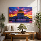 Colorful artwork of the Dome of the Rock in Jerusalem featuring the golden dome rising above the Temple Mount with dramatic sunset clouds in vivid red, orange, and purple tones across the sky, highlighting the iconic Islamic landmark against the vibrant evening skyline.