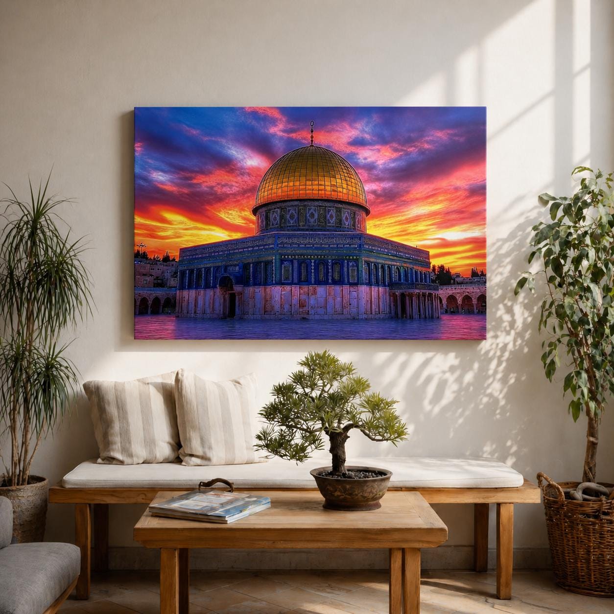 Colorful artwork of the Dome of the Rock in Jerusalem featuring the golden dome rising above the Temple Mount with dramatic sunset clouds in vivid red, orange, and purple tones across the sky, highlighting the iconic Islamic landmark against the vibrant evening skyline.