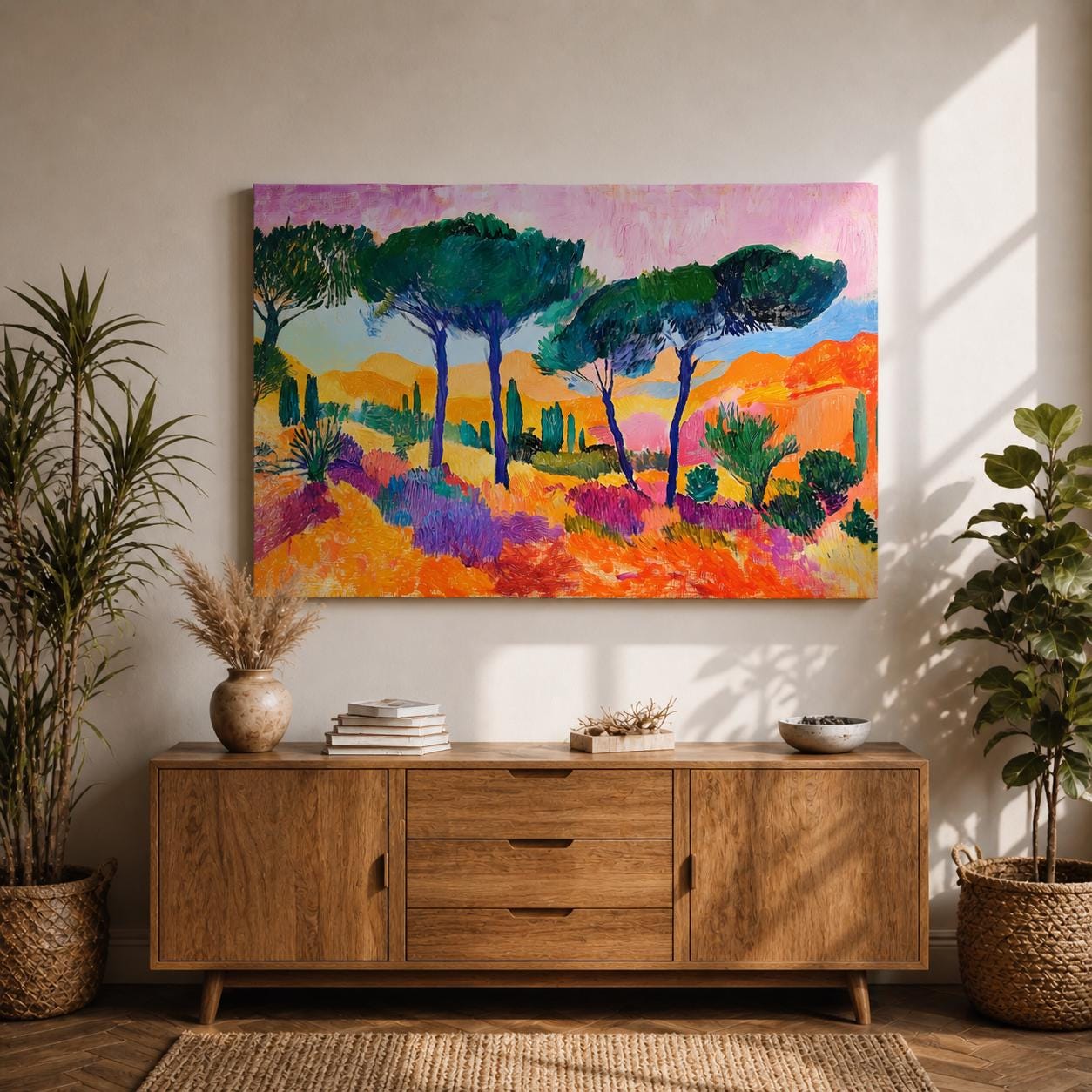 A vibrant watercolor painting of a Mediterranean landscape featuring tall trees with lush green foliage, rolling hills, and colorful vegetation under a soft sky. The composition highlights natural scenery with expressive brushstrokes and a bright palette, capturing the essence of an Italian coastal environment.