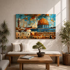A vibrant mosaic-style art print depicting the Dome of the Rock with its iconic golden dome and detailed architectural elements, set against a colorful geometric sky background. The artwork captures the historic Jerusalem landmark in a modern mosaic tile visual style.