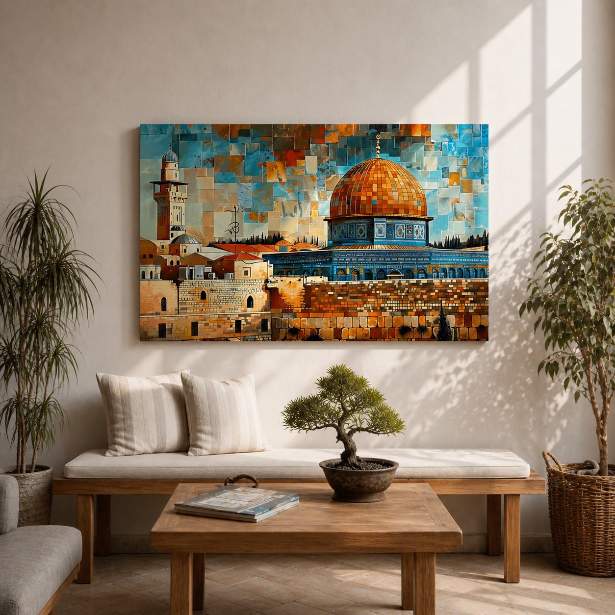 A vibrant mosaic-style art print depicting the Dome of the Rock with its iconic golden dome and detailed architectural elements, set against a colorful geometric sky background. The artwork captures the historic Jerusalem landmark in a modern mosaic tile visual style.