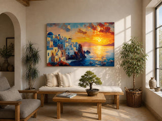 A vibrant impasto painting depicting a Santorini sunset over whitewashed buildings with blue domes and a windmill on cliffs overlooking a calm sea with boats, capturing the Mediterranean coastal landscape in rich textured brushstrokes.