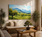 A framed canvas painting depicting a vibrant lemon orchard with ripe yellow lemons on trees in a sunlit Mediterranean coastal landscape. The artwork features lush greenery, distant blue mountains, and a bright sky, capturing a natural and serene countryside scene in a realistic style.