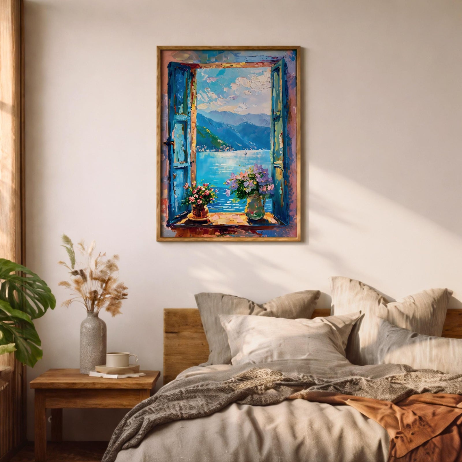 Lake Como Window Wall Art Italian Lakeside View Framed Canvas Mountain Landscape Bedroom Decor