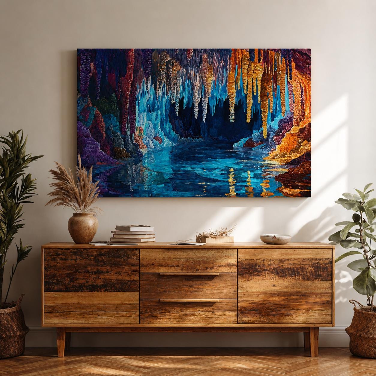 A vibrant digital painting depicting a fantastical cave interior filled with colorful stalactites hanging from the ceiling and their reflections in a serene underground pool. The artwork captures intricate textures and vivid hues, emphasizing the natural formations in a mystical grotto setting.