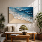 A textured impasto painting depicting ocean waves crashing onto a sandy beach with dynamic, layered brushstrokes that create depth and movement. The seascape captures the natural flow of water and foam in rich blues and sandy tones, emphasizing the coastal landscape in a contemporary style.