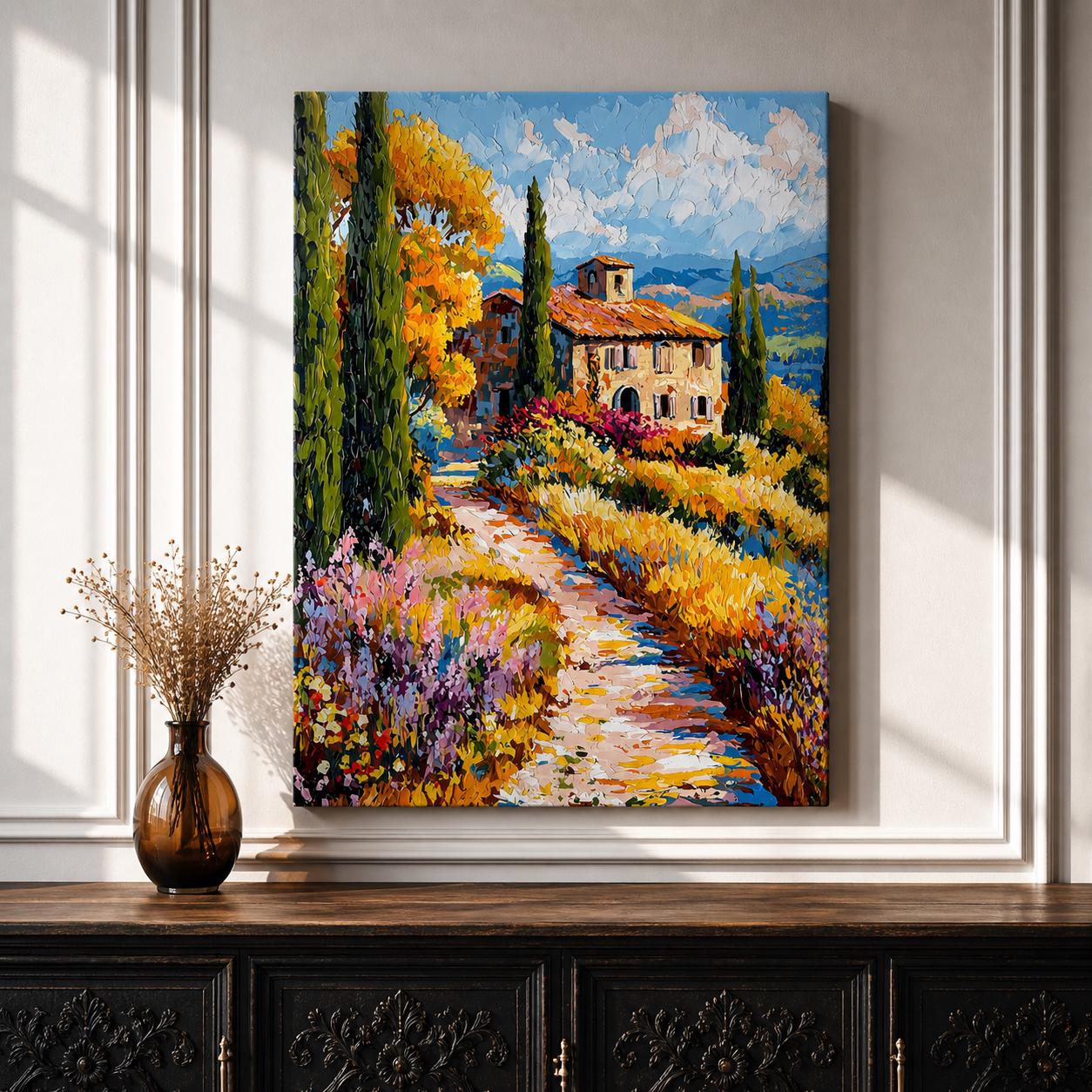 An impasto style painting depicting an Italian villa surrounded by tall cypress trees and vibrant Mediterranean countryside foliage. The textured brushstrokes create depth and color variation, showcasing a rustic path leading to the villa under a partly cloudy sky, capturing the essence of a serene landscape.