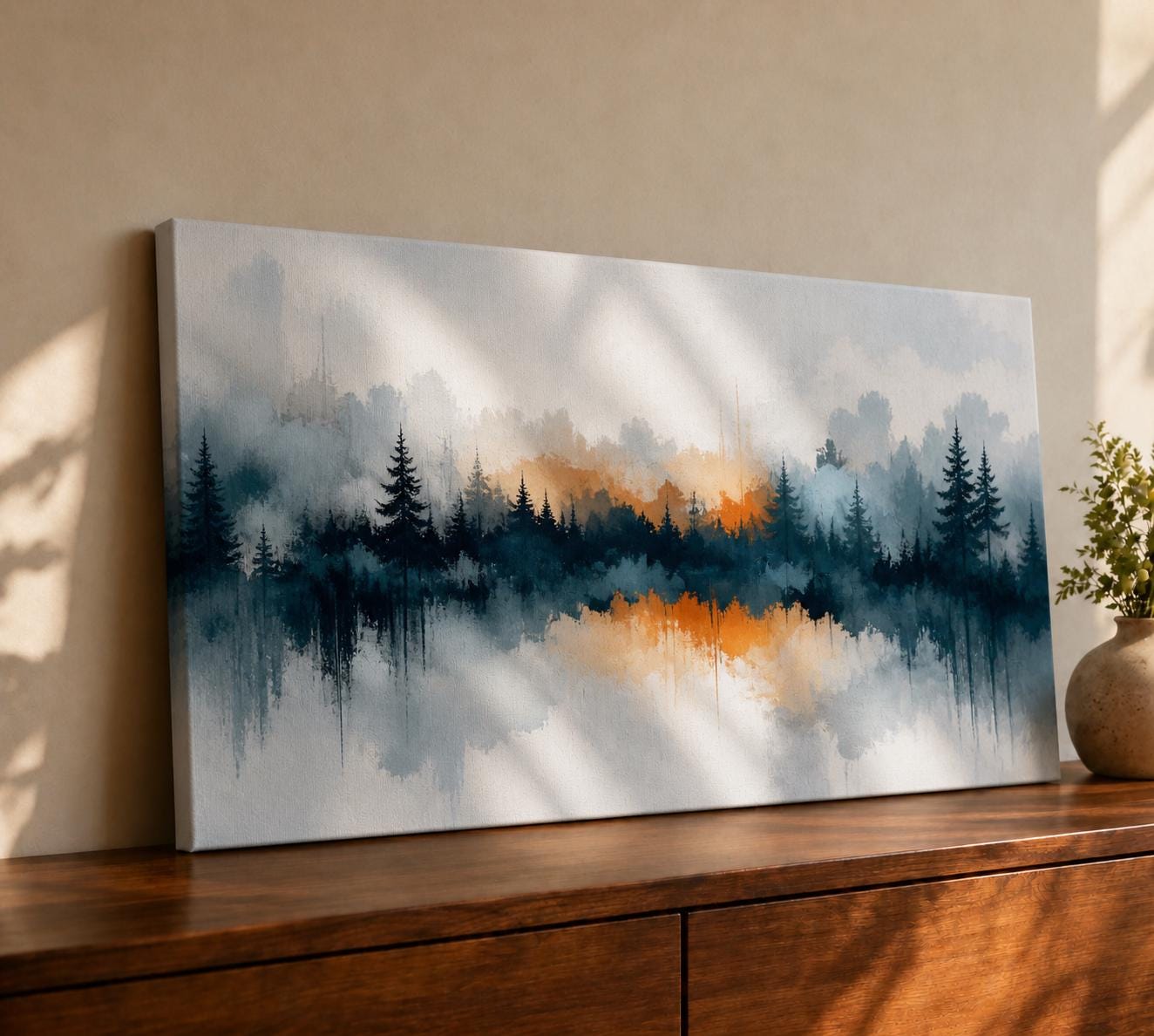 A watercolor painting depicting a misty forest landscape with dense trees and fog blending softly into the background. The scene captures a serene natural environment with blurred edges and muted tones, emphasizing the calm and tranquil atmosphere of a fog-covered woodland reflected on still water.