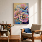 A detailed framed canvas artwork featuring three large peony flowers with soft, blended petals in pastel tones. The flowers are intricately textured with fine lines and gold accents, creating a botanical floral composition that highlights the natural beauty and elegance of peony blooms.