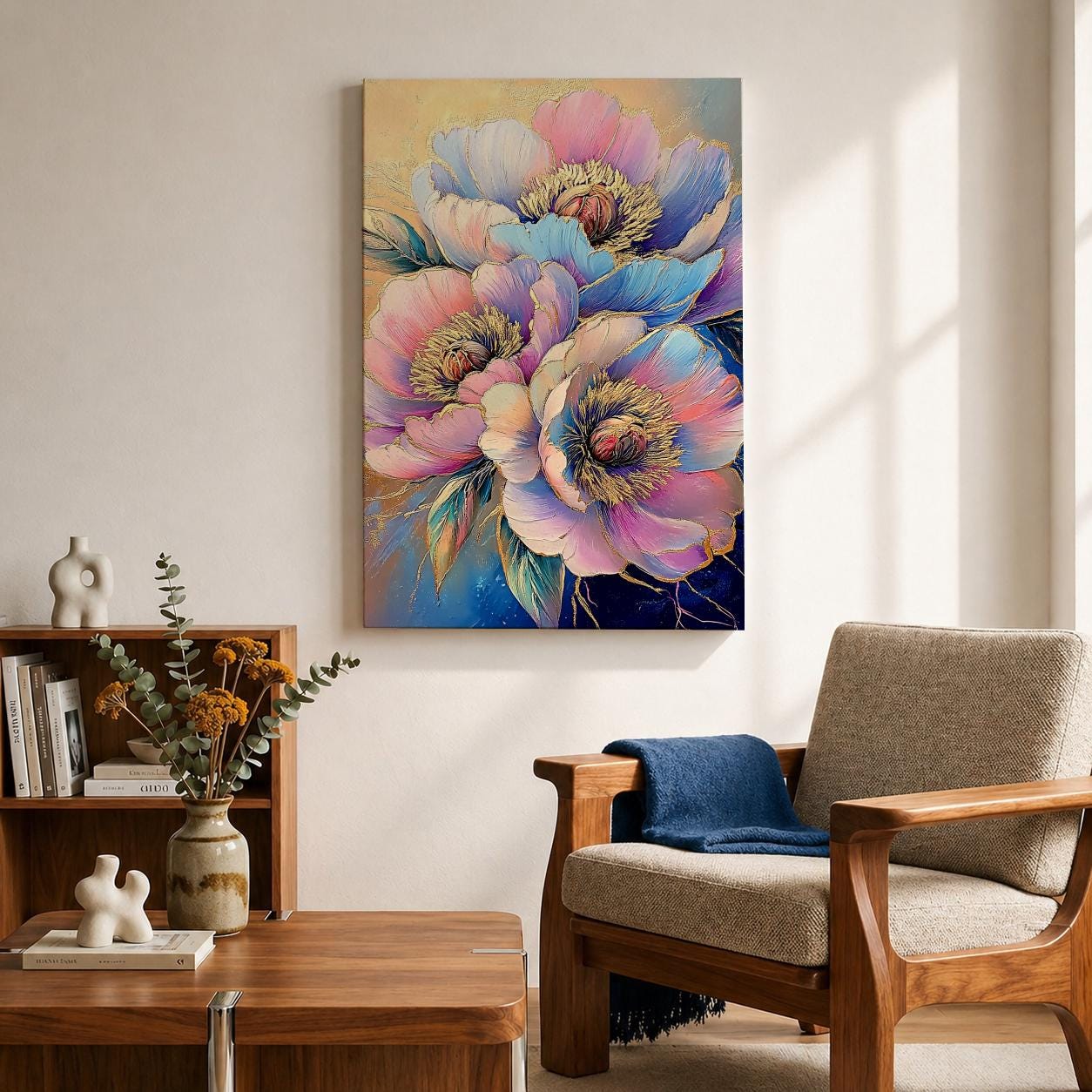 A detailed framed canvas artwork featuring three large peony flowers with soft, blended petals in pastel tones. The flowers are intricately textured with fine lines and gold accents, creating a botanical floral composition that highlights the natural beauty and elegance of peony blooms.