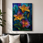 A stained glass style artwork featuring vibrant lilies with white and orange petals against a mosaic background of blue, green, and amber hues. The composition highlights detailed floral forms with bold outlines and textured glass effects, creating a colorful and decorative floral mosaic piece.