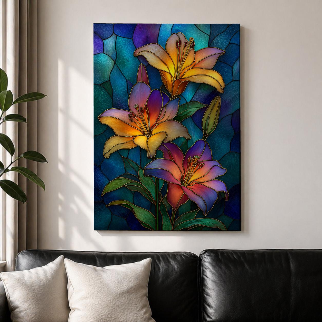 A stained glass style artwork featuring vibrant lilies with white and orange petals against a mosaic background of blue, green, and amber hues. The composition highlights detailed floral forms with bold outlines and textured glass effects, creating a colorful and decorative floral mosaic piece.