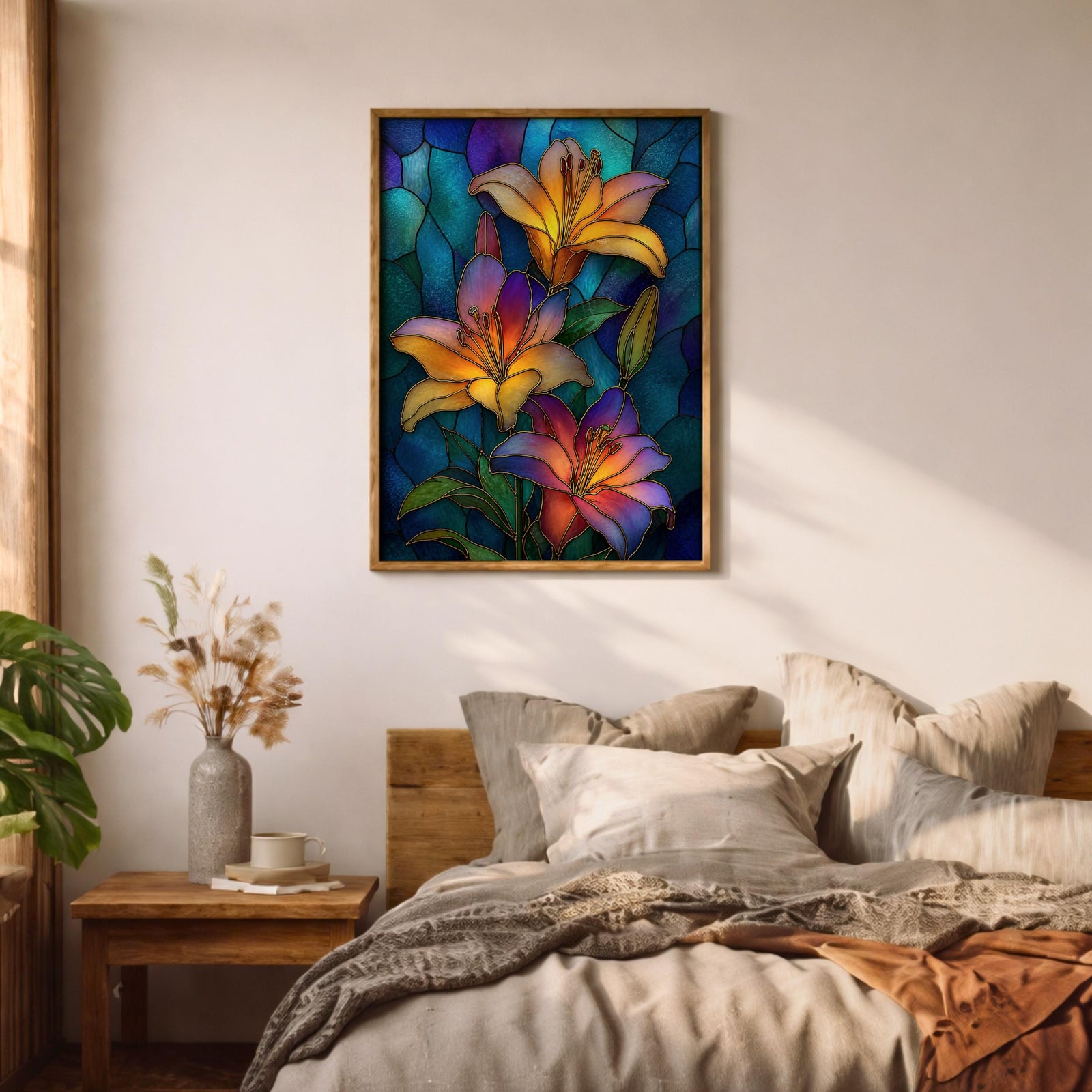 Lilies Wall Art Lily Flower Framed Canvas Stained Glass Mosaic Botanical Home Decor