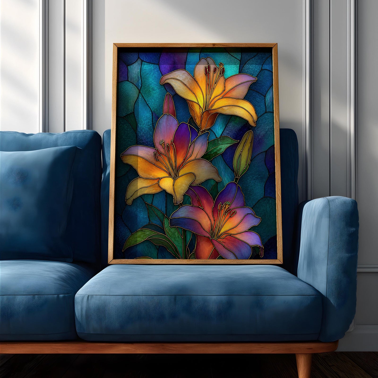 Lilies Wall Art Lily Flower Framed Canvas Stained Glass Mosaic Botanical Home Decor