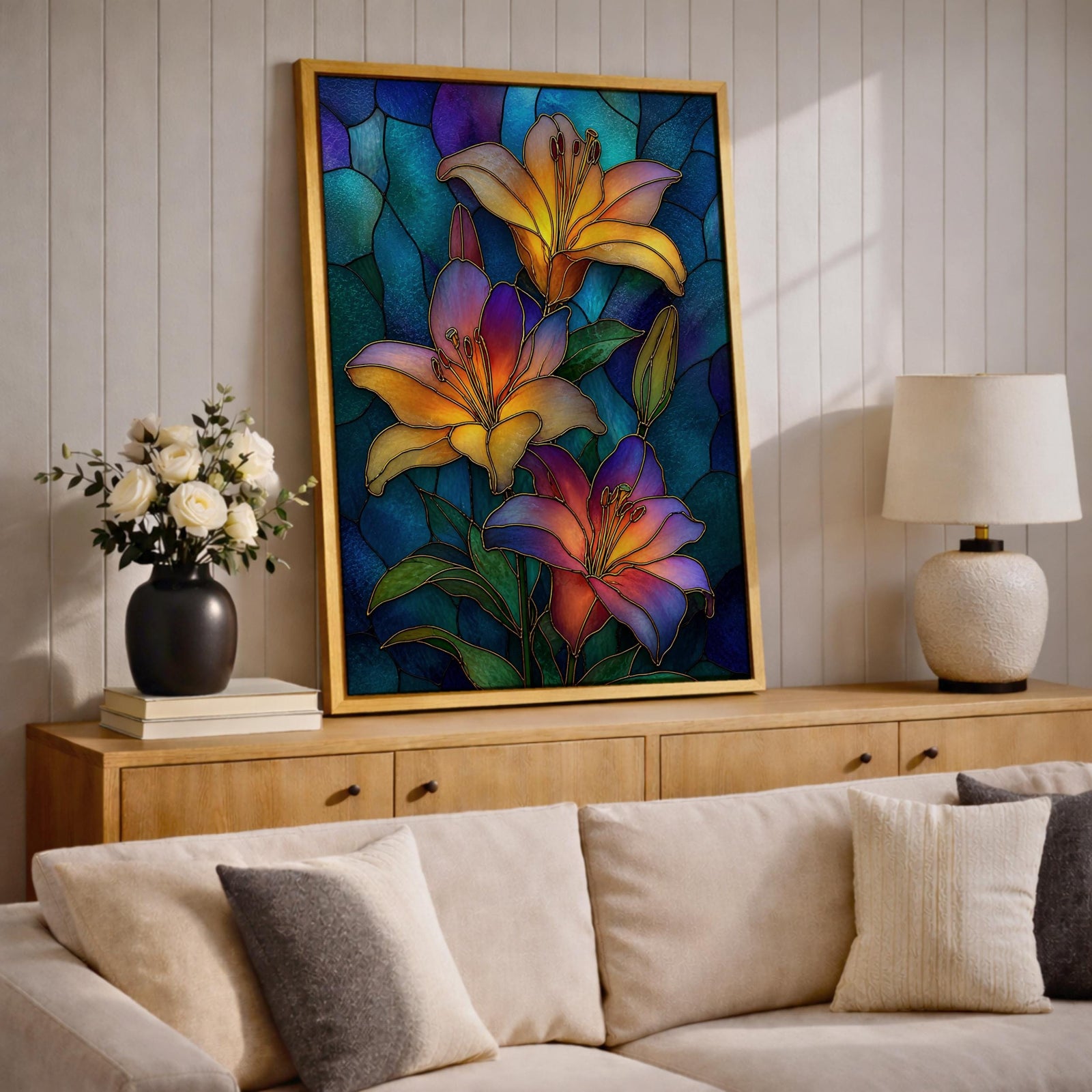 Lilies Wall Art Lily Flower Framed Canvas Stained Glass Mosaic Botanical Home Decor