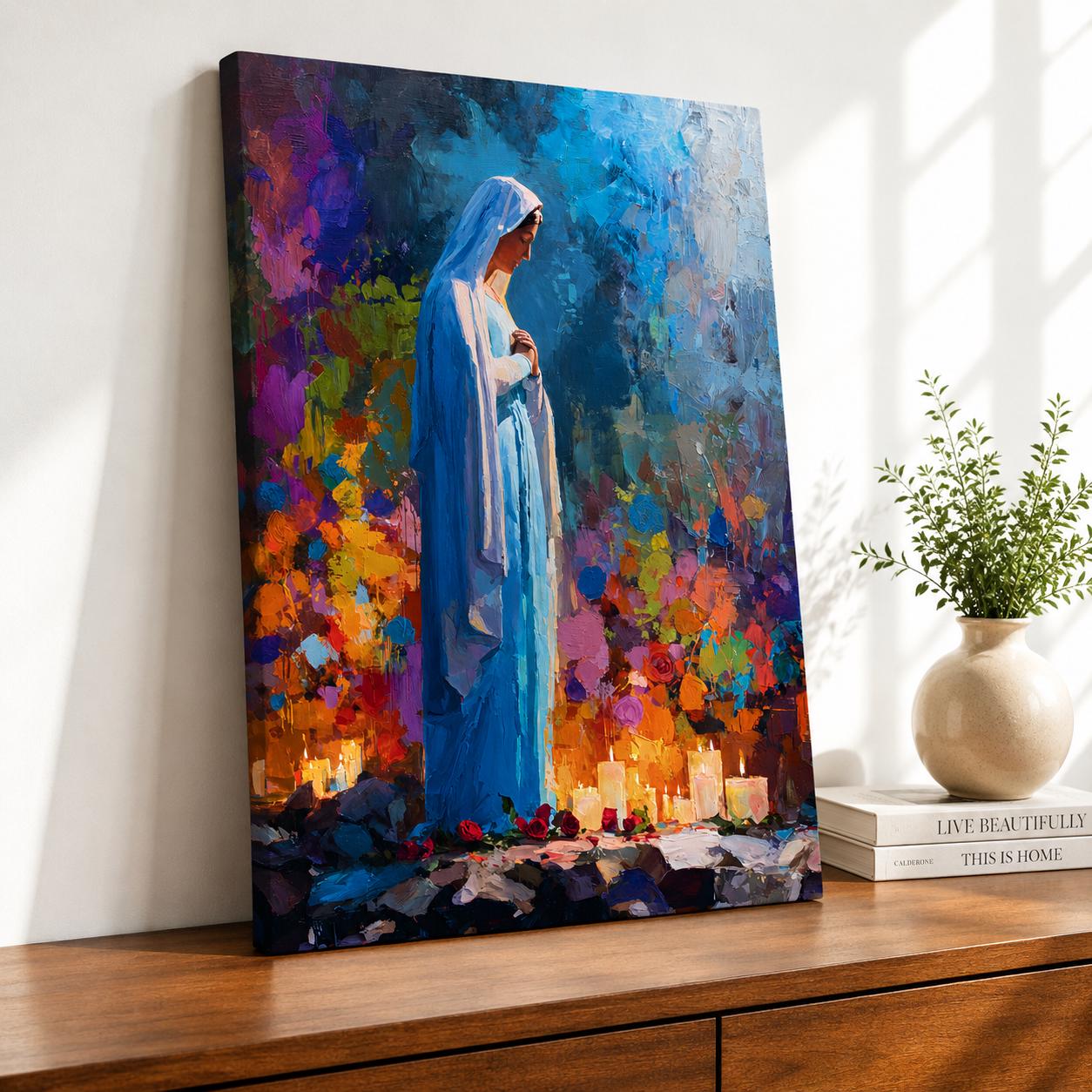 A vibrant painting of Our Lady of Lourdes depicts the Virgin Mary standing in a blue robe with hands clasped in prayer, surrounded by glowing candles and colorful floral elements, rendered in a rich, impressionistic style with bold brushstrokes and vivid color contrasts.