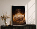A detailed crystal chandelier with multiple lit candle-shaped bulbs and intricate hanging crystal ornaments, captured in warm lighting that highlights its ornate craftsmanship and sparkling facets, displayed as a framed canvas print.