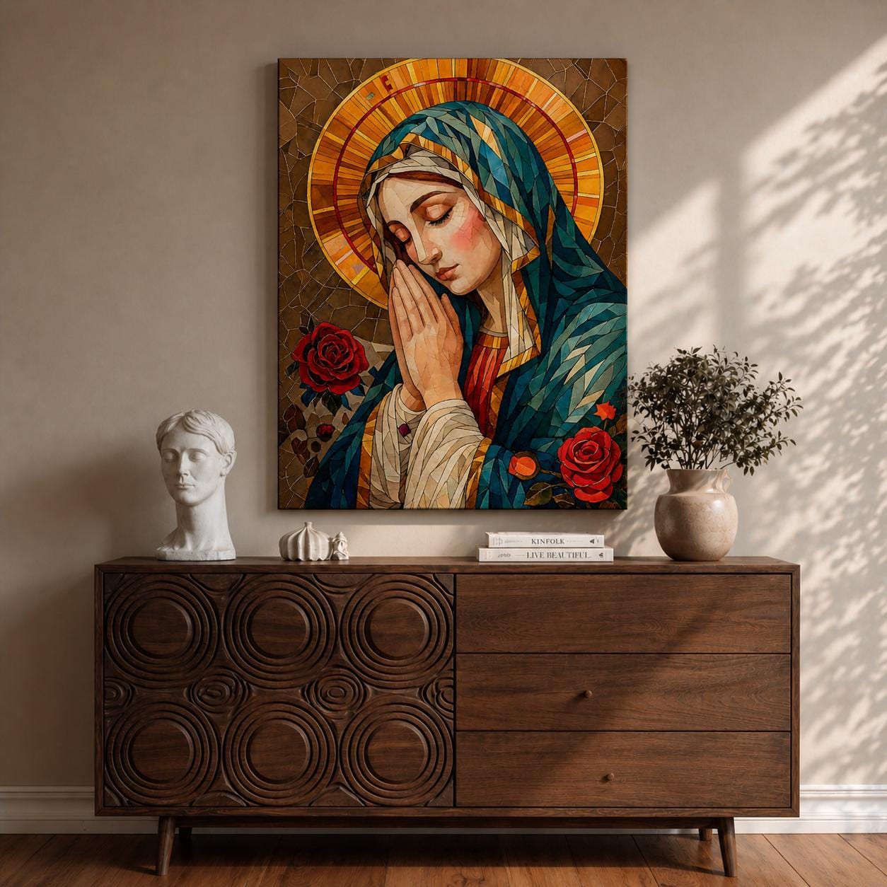 Mosaic stained glass style depiction of the Virgin Mary shown in profile with hands joined in prayer, surrounded by a radiant golden halo while wearing a blue mantle and accompanied by red roses, forming a devotional Catholic composition inspired by traditional Marian icon imagery.