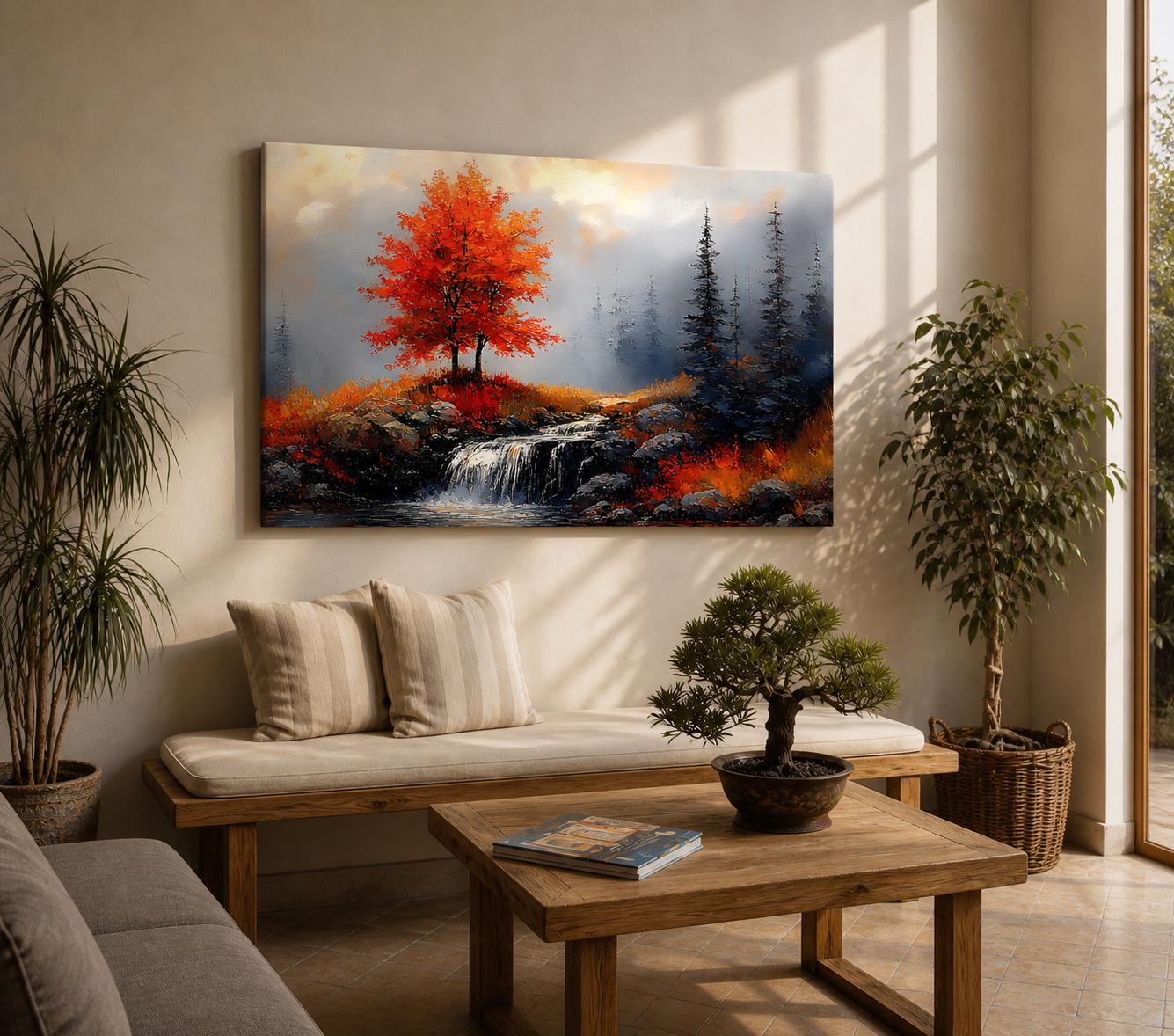 A framed impasto oil painting depicting an autumn landscape featuring a vibrant fall tree with bright orange leaves, a flowing waterfall over rocks, and tall pine trees in the background, rendered with textured brushstrokes emphasizing natural elements and seasonal beauty.
