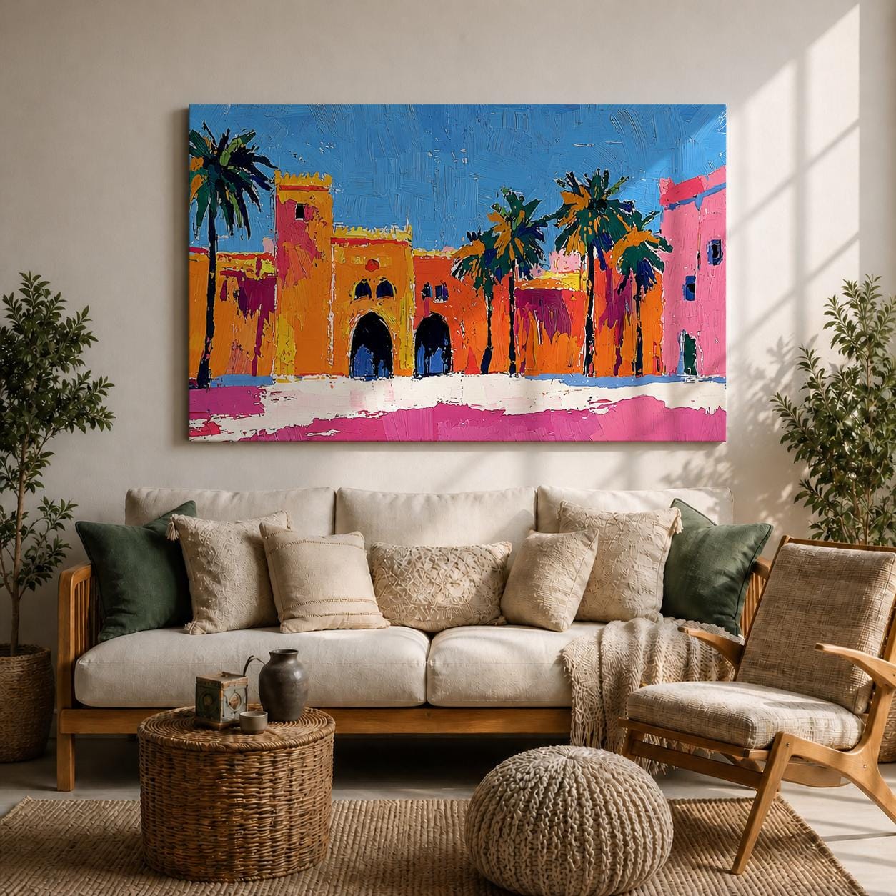 This impasto style painting depicts a Moroccan kasbah with tall, fortified walls and arched gateways, framed by palm trees under a vibrant blue sky. The textured brushstrokes emphasize the architectural details and warm colors, capturing the essence of North African cultural heritage in a bold, expressive manner.