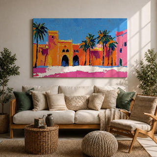 This impasto style painting depicts a Moroccan kasbah with tall, fortified walls and arched gateways, framed by palm trees under a vibrant blue sky. The textured brushstrokes emphasize the architectural details and warm colors, capturing the essence of North African cultural heritage in a bold, expressive manner.