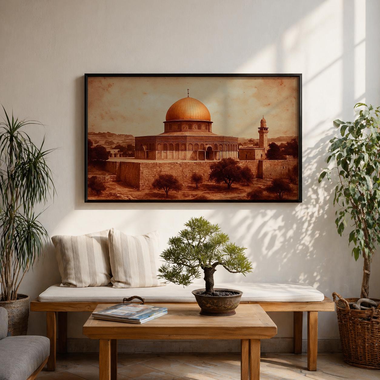 Vintage style illustration of Masjid Al Aqsa complex in Jerusalem showing the Dome of the Rock with its golden dome rising above the stone platform within the Old City landscape, rendered in sepia tones with surrounding trees, historic walls, and a nearby minaret highlighting the sacred Islamic landmark.