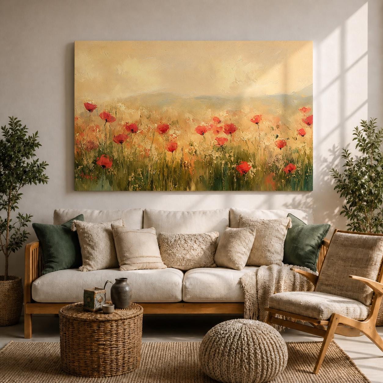 A vintage-style painting of a poppy field featuring vibrant red poppies scattered across a grassy meadow with soft, warm light and a hazy background, rendered in a botanical landscape style on a framed canvas.