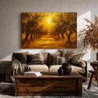 This impasto style painting depicts a golden olive grove with textured trees lining a sunlit path. The warm, rich brushstrokes create a rustic Mediterranean landscape scene with dense foliage and a glowing sky, emphasizing natural beauty and a serene outdoor environment.