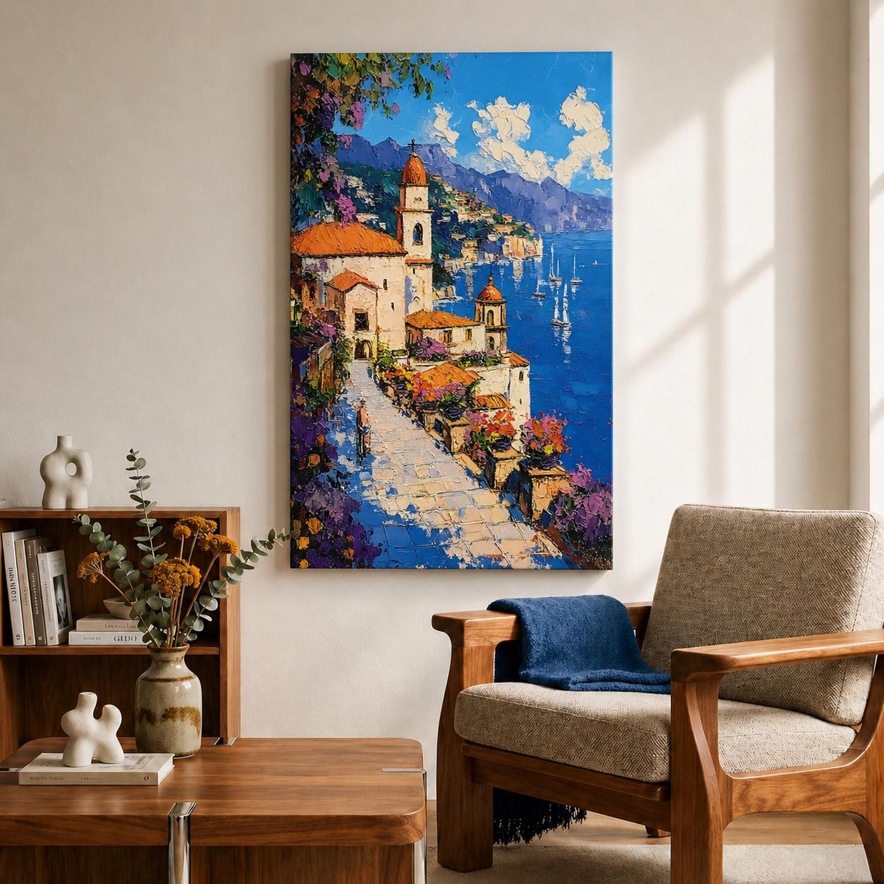 This impasto style painting depicts the Amalfi Coast with textured brushstrokes showing white buildings with terracotta roofs along a coastal path overlooking a vibrant blue sea dotted with sailboats beneath a sky with fluffy clouds and distant mountains.