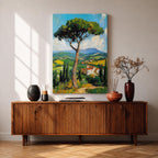 This impasto style painting depicts a tall pine tree in the foreground with rolling hills, cypress trees, and rustic Tuscan houses in the background. The textured brushstrokes and vibrant colors capture the Italian countryside landscape with a rich, tactile quality.