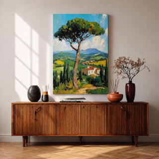 This impasto style painting depicts a tall pine tree in the foreground with rolling hills, cypress trees, and rustic Tuscan houses in the background. The textured brushstrokes and vibrant colors capture the Italian countryside landscape with a rich, tactile quality.